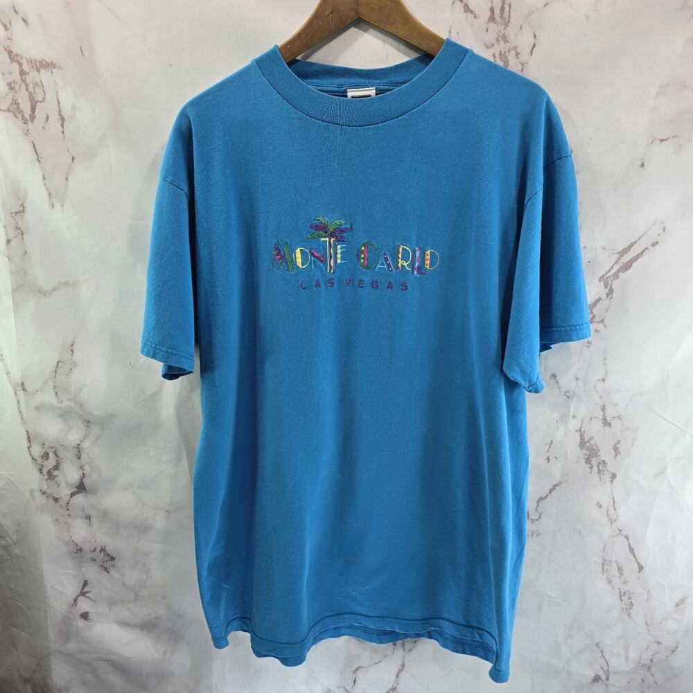 Vintage Las Vegas T Shirt Mens Large 90s Arizona Monte Carlo Blue Embroidered